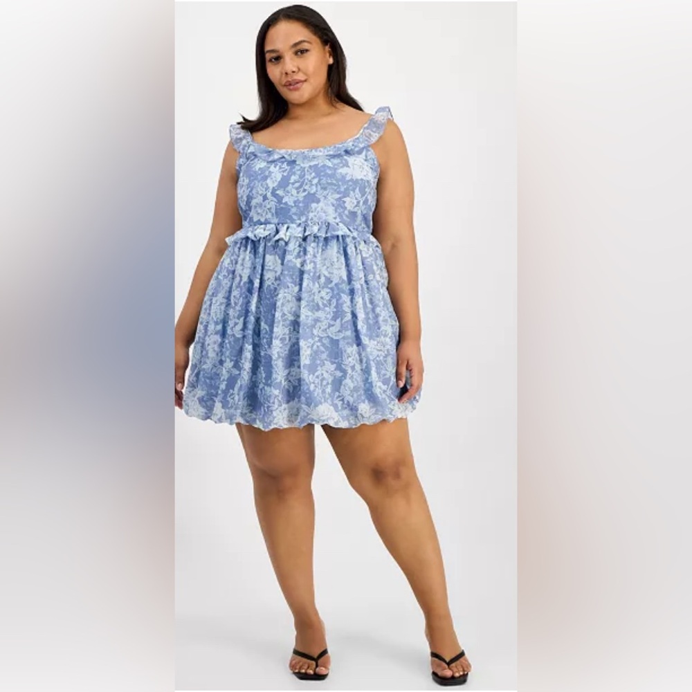 NWT.. AND NOW THIS WOMENS BLUE FLORAL RUFFLE STRAP MINI DRESS - Picture 3 of 13